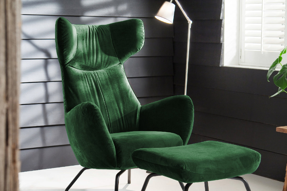 KAWOLA Sessel LOTTE Ohrensessel velvet smaragd mit Hocker