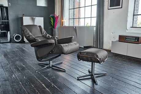 KAWOLA Sessel MODO Relaxsessel drehbar Leder dunkelgrau mit Hocker