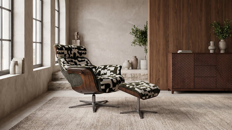 KAWOLA Sessel TOSAR Relaxsessel drehbar Stoff Retro-Design grün mit Hocker