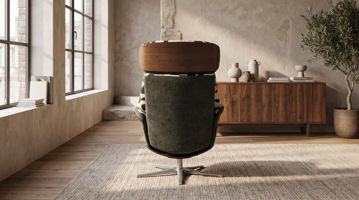 KAWOLA Sessel TOSAR Relaxsessel drehbar Stoff Retro-Design grün mit Hocker