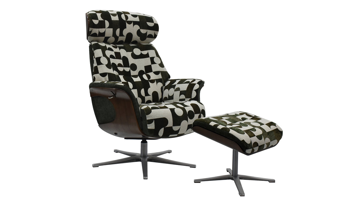 KAWOLA Sessel TOSAR Relaxsessel drehbar Stoff Retro-Design grün mit Hocker