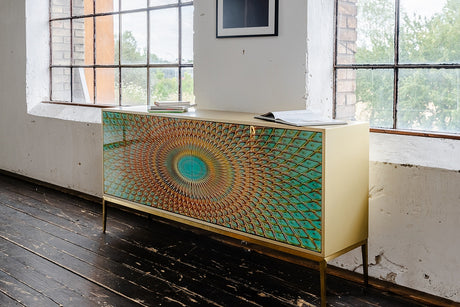 KAWOLA Sideboard LAGO 4 Türen Glas grün Fuß Edelstahl goldfarben