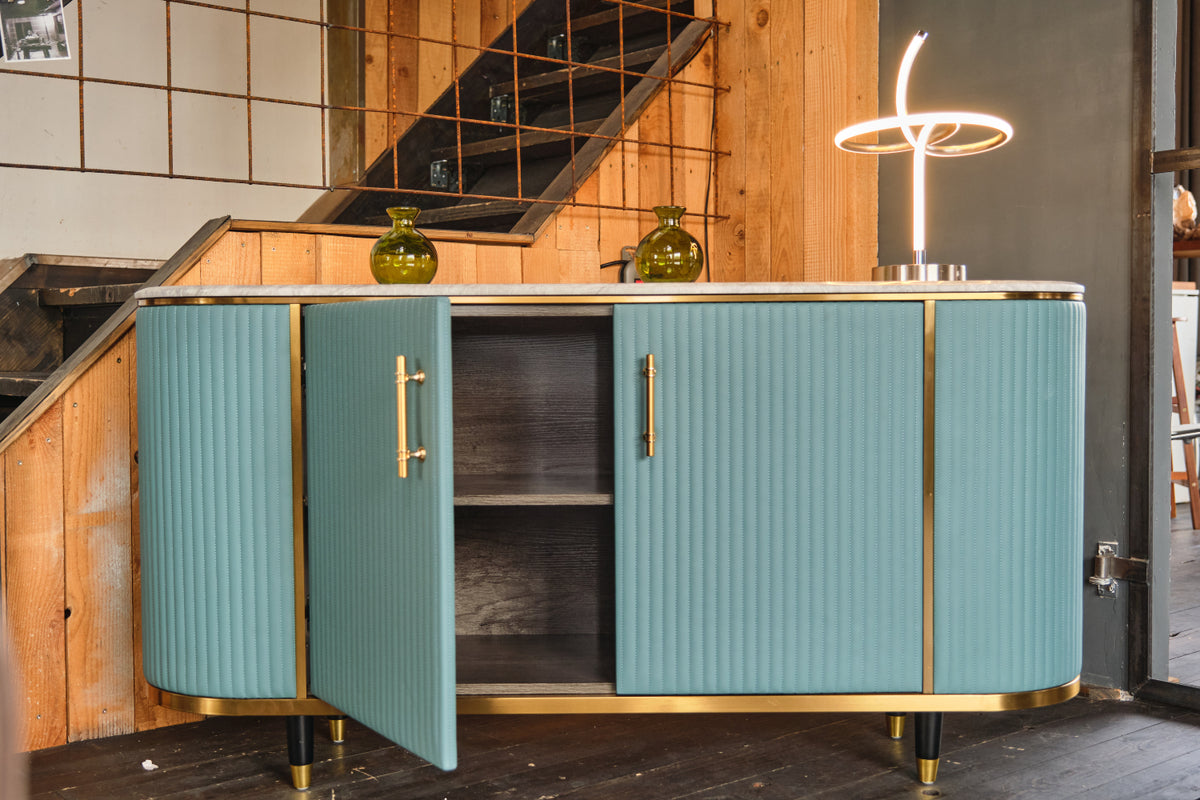 KAWOLA Sideboard MARIA Marmorplatte Kunstleder hellblau