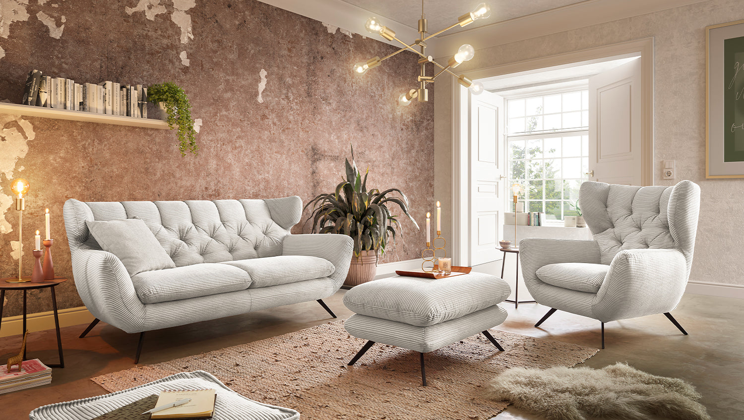 KAWOLA Sitzgruppe CHARME Sofa Sessel Hockerbank Cord cremeweiß, 3-Sitzer