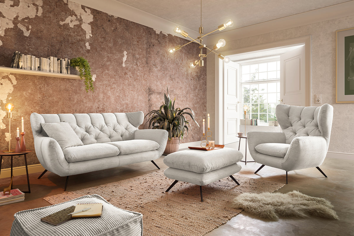 KAWOLA Sitzgruppe CHARME Sofa Sessel Hockerbank Cord cremeweiß, 4-Sitzer