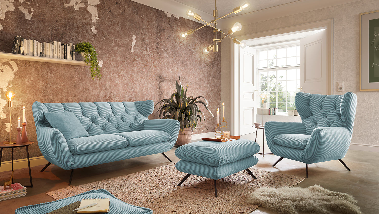 KAWOLA Sitzgruppe CHARME Sofa Sessel Hockerbank Cord hellblau, 2.5-Sitzer