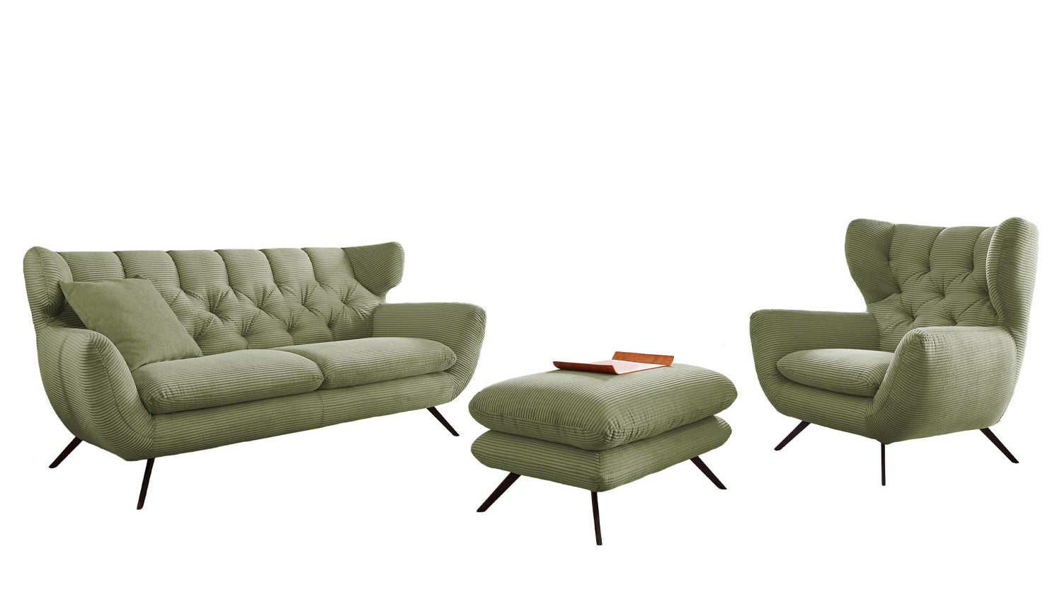 KAWOLA Sitzgruppe CHARME Sofa Sessel Hockerbank Cord olivgrün