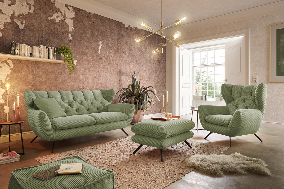 KAWOLA Sitzgruppe CHARME Sofa Sessel Hockerbank Cord olivgrün, 2.5-Sitzer