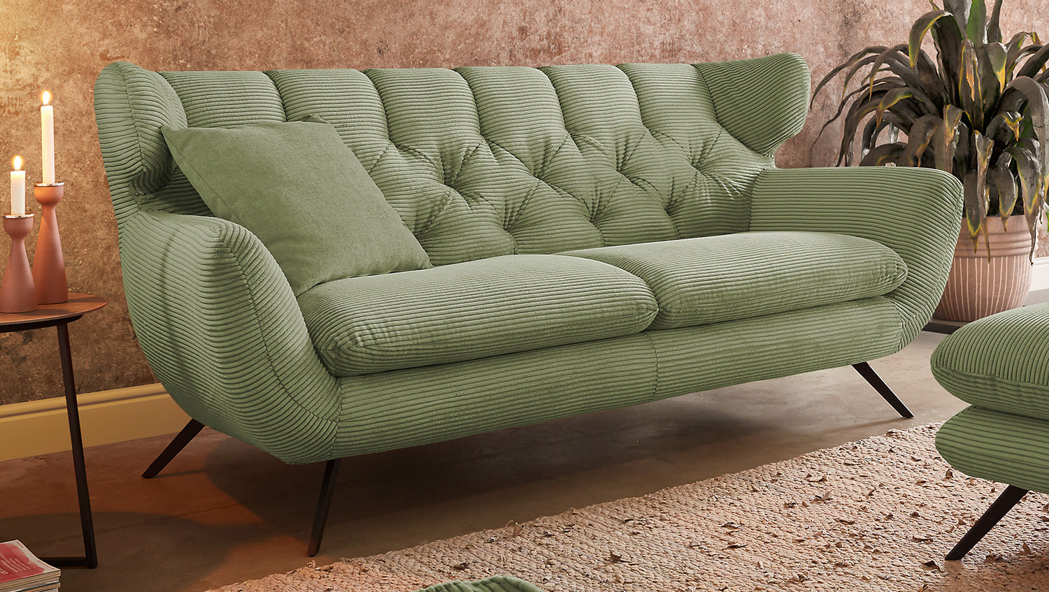 KAWOLA Sitzgruppe CHARME Sofa Sessel Hockerbank Cord olivgrün