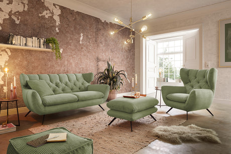 KAWOLA Sitzgruppe CHARME Sofa Sessel Hockerbank Cord olivgrün, 3-Sitzer