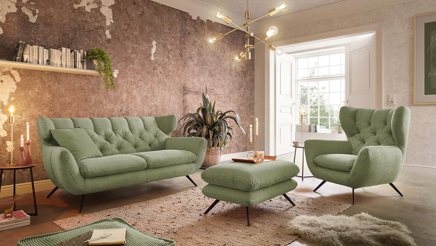 KAWOLA Sitzgruppe CHARME Sofa Sessel Hockerbank Cord olivgrün, 4-Sitzer