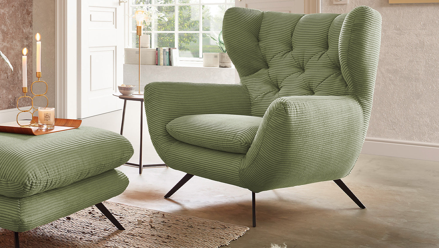 KAWOLA Sitzgruppe CHARME Sofa Sessel Hockerbank Cord olivgrün