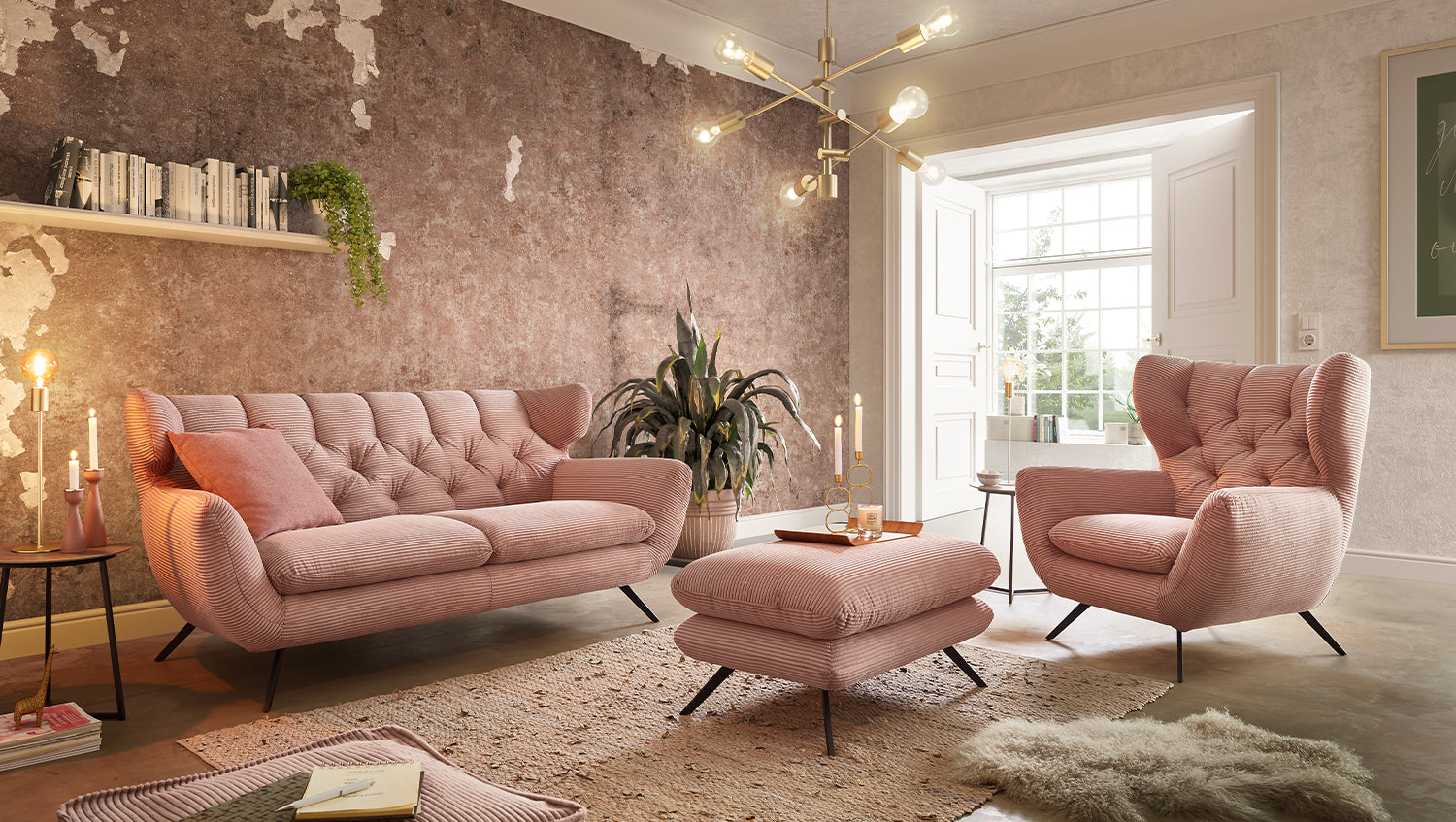 KAWOLA Sitzgruppe CHARME Sofa Sessel Hockerbank Cord rosa, 4-Sitzer