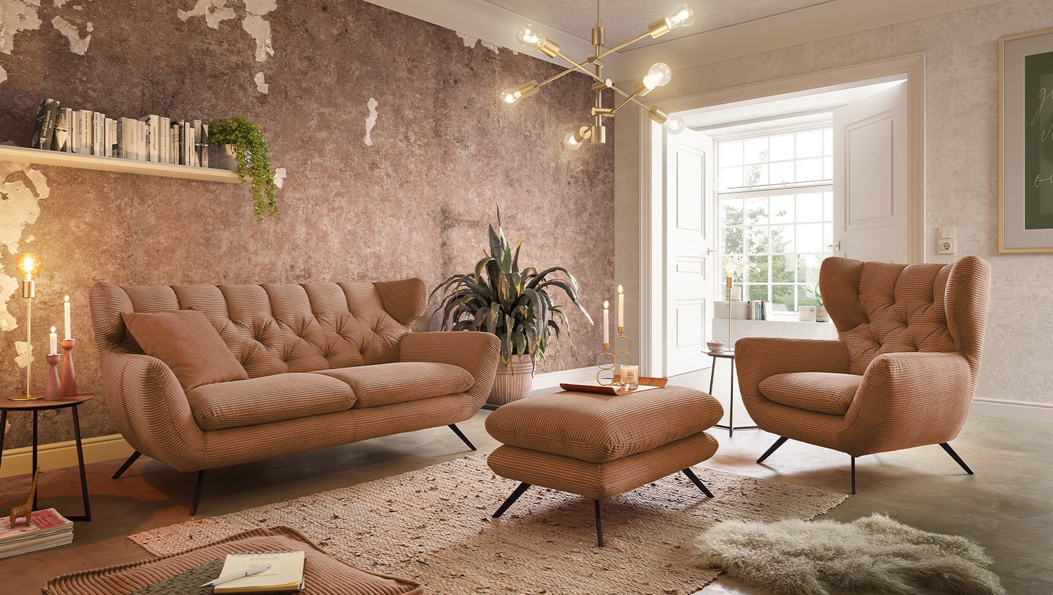 KAWOLA Sitzgruppe CHARME Sofa Sessel Hockerbank Cord rost, 4-Sitzer