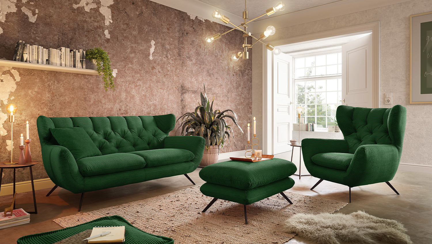 KAWOLA Sitzgruppe CHARME Sofa Sessel Hockerbank Cord smaragd, 4-Sitzer