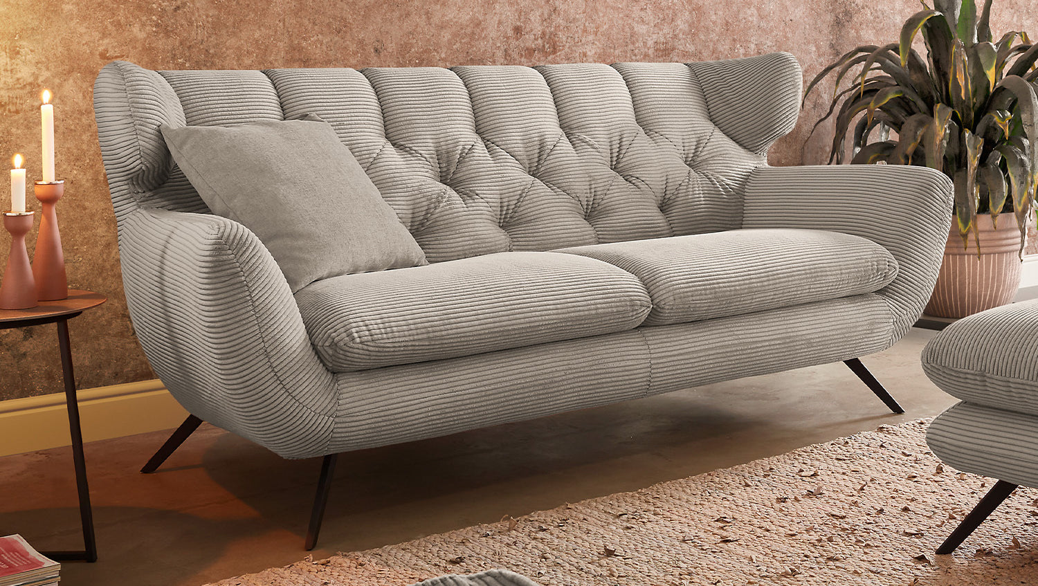 KAWOLA Sitzgruppe CHARME Sofa Sessel Hockerbank Cord steingrau
