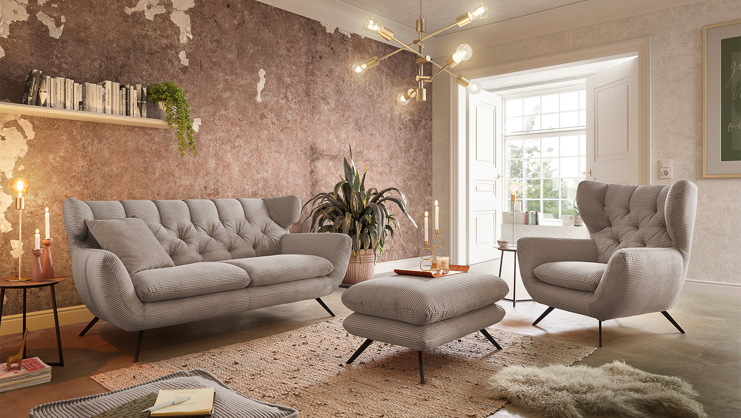 KAWOLA Sitzgruppe CHARME Sofa Sessel Hockerbank Cord taupe, 2.5-Sitzer