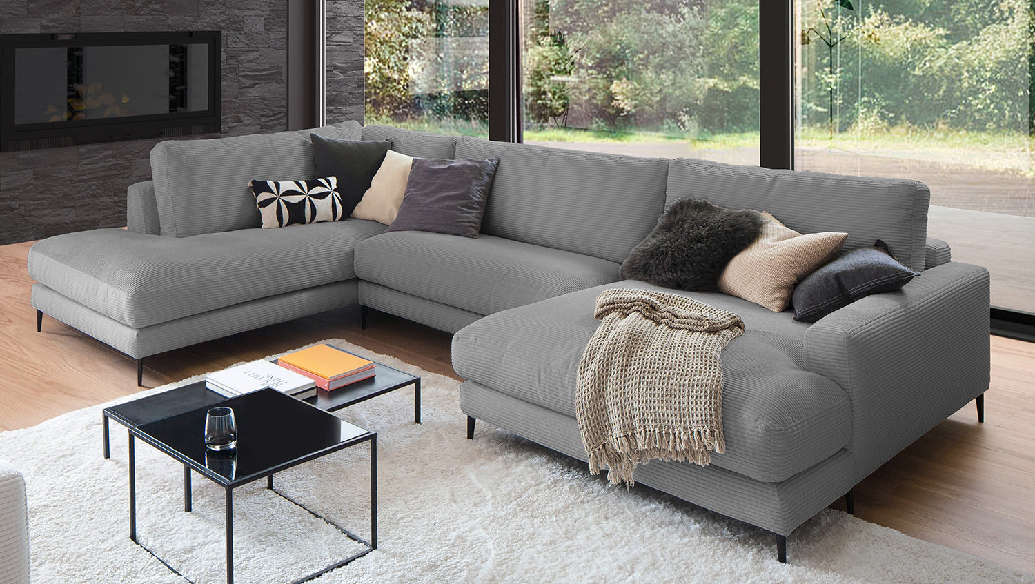 KAWOLA Sofa CARA Wohnlandschaft U-Form Cord grau