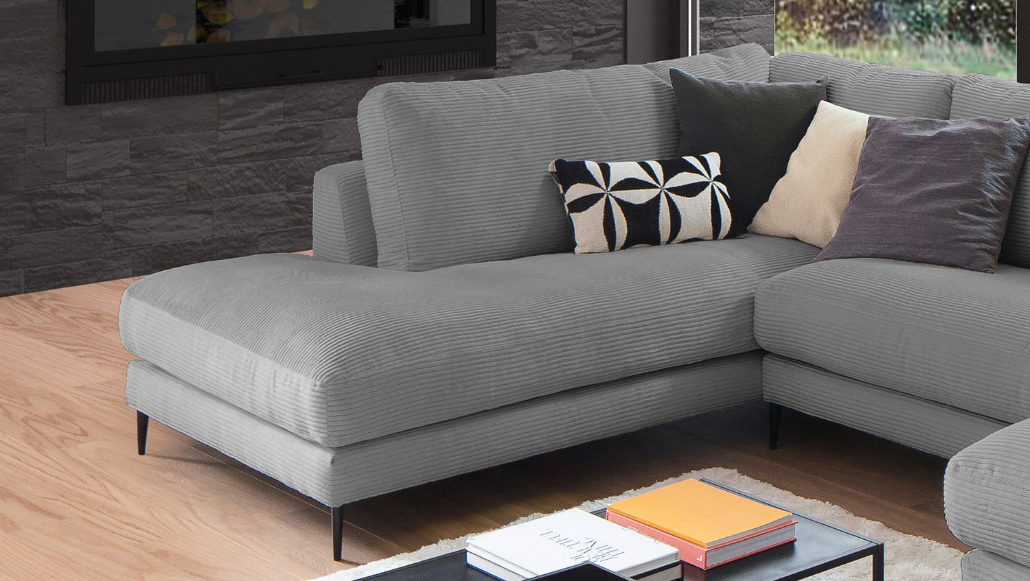 KAWOLA Sofa CARA Wohnlandschaft U-Form Cord grau
