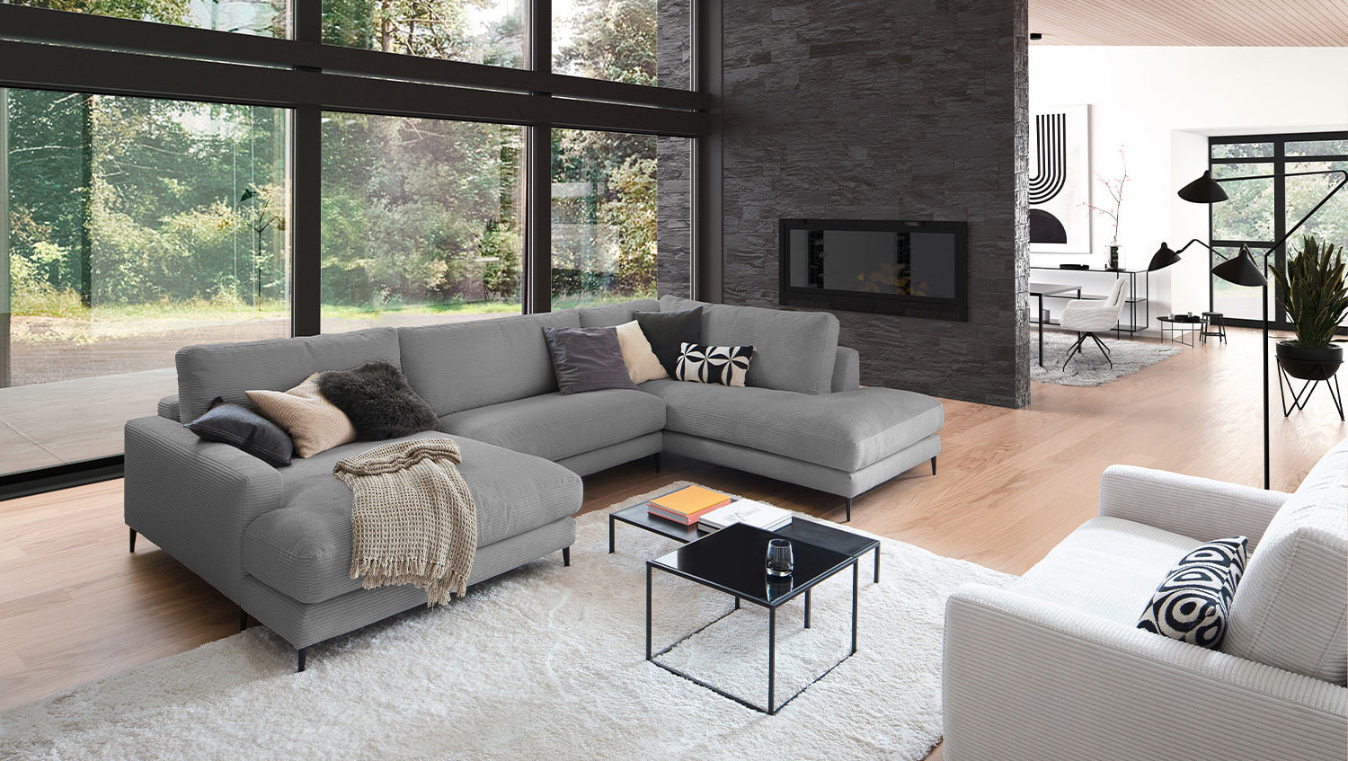 KAWOLA Sofa CARA Wohnlandschaft U-Form Cord grau, Links
