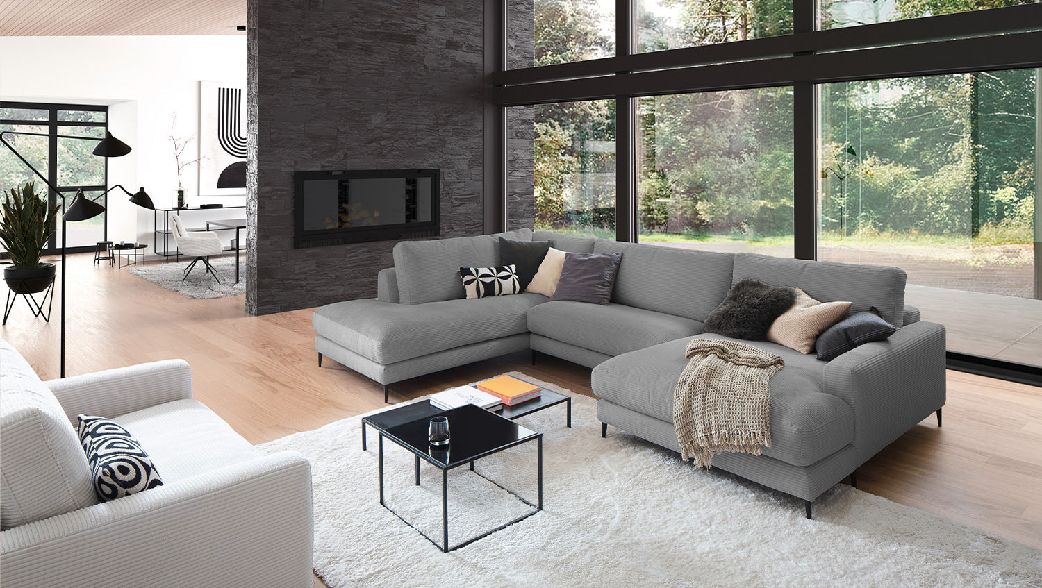 KAWOLA Sofa CARA Wohnlandschaft U-Form Cord grau, Rechts