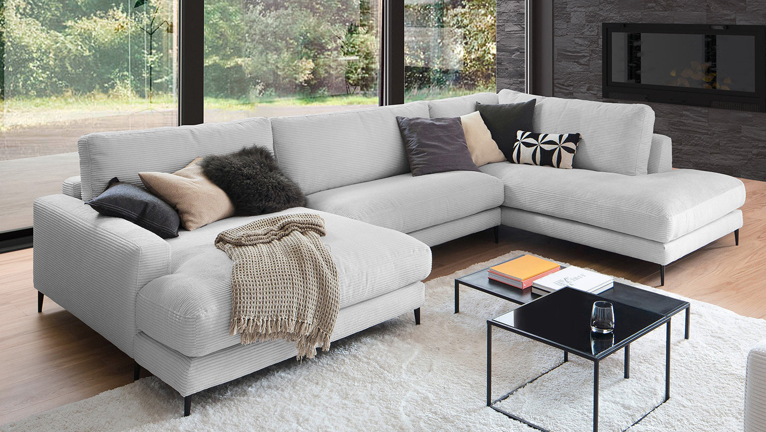 KAWOLA Sofa CARA Wohnlandschaft U-Form Cord hellgrau