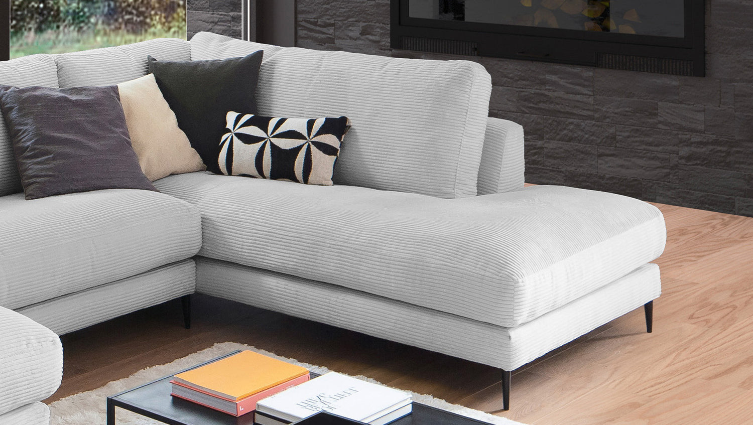 KAWOLA Sofa CARA Wohnlandschaft U-Form Cord hellgrau