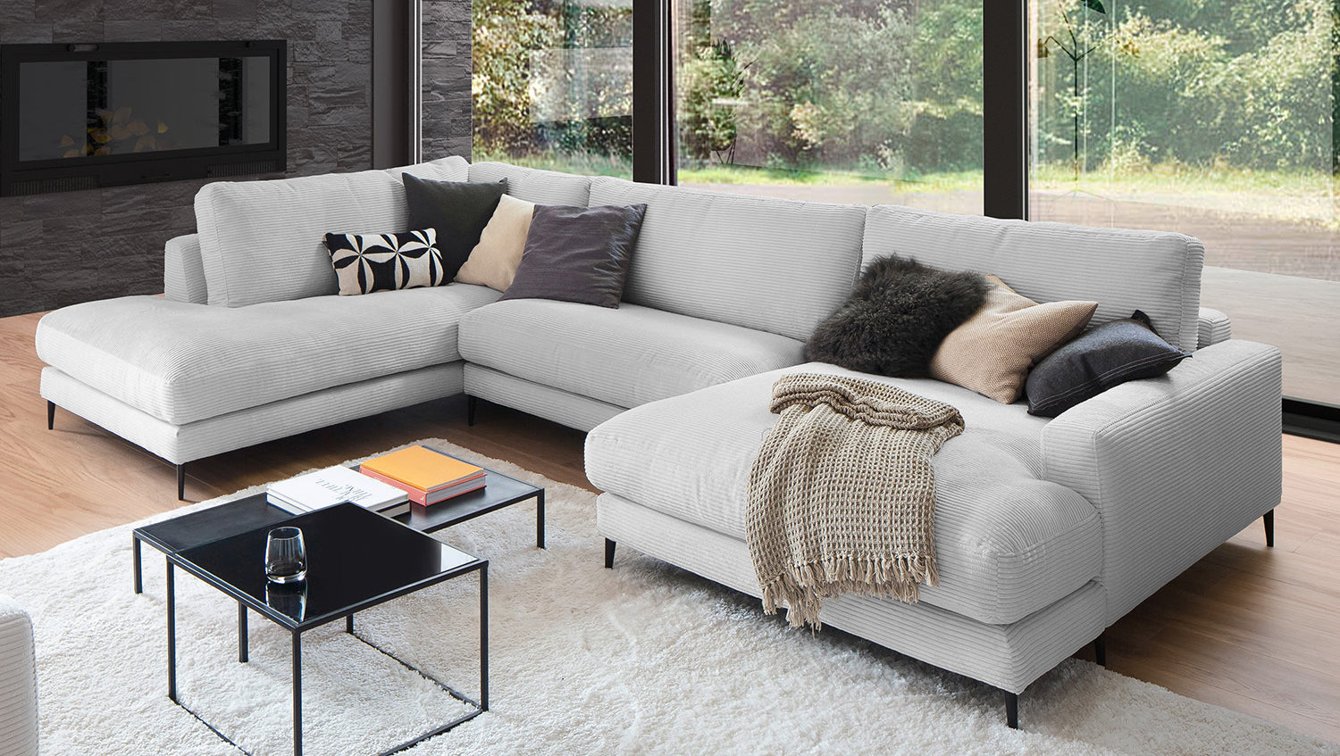 KAWOLA Sofa CARA Wohnlandschaft U-Form Cord hellgrau