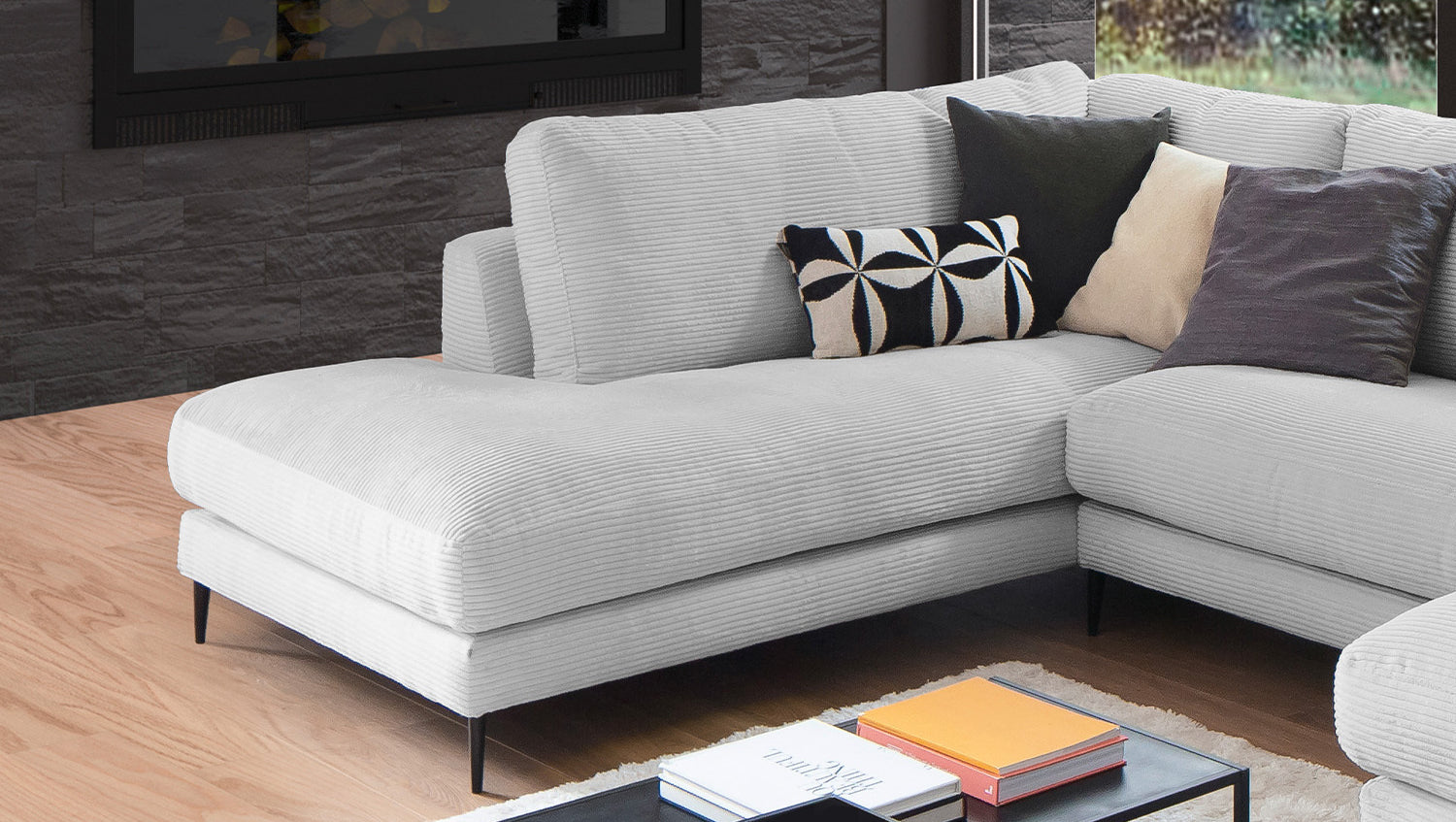 KAWOLA Sofa CARA Wohnlandschaft U-Form Cord hellgrau