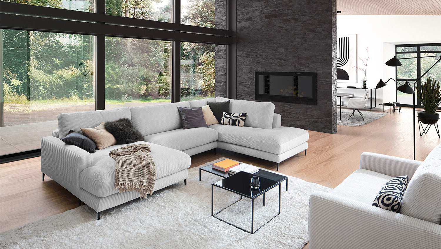 KAWOLA Sofa CARA Wohnlandschaft U-Form Cord hellgrau, Links