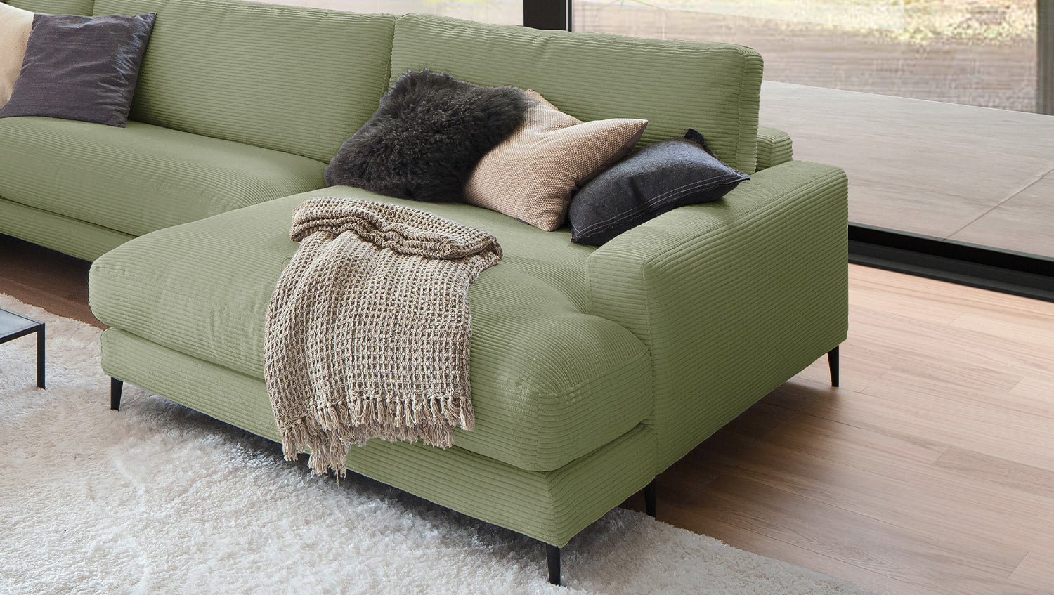 KAWOLA Sofa CARA Wohnlandschaft U-Form Cord olivgrün