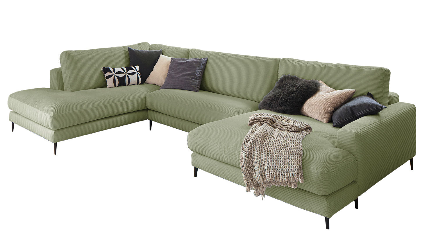 KAWOLA Sofa CARA Wohnlandschaft U-Form Cord olivgrün
