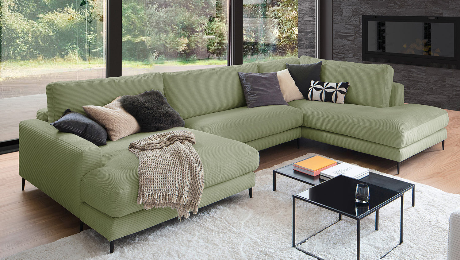 KAWOLA Sofa CARA Wohnlandschaft U-Form Cord olivgrün