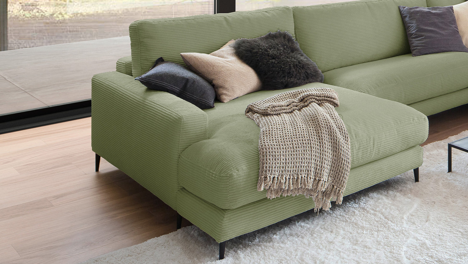 KAWOLA Sofa CARA Wohnlandschaft U-Form Cord olivgrün