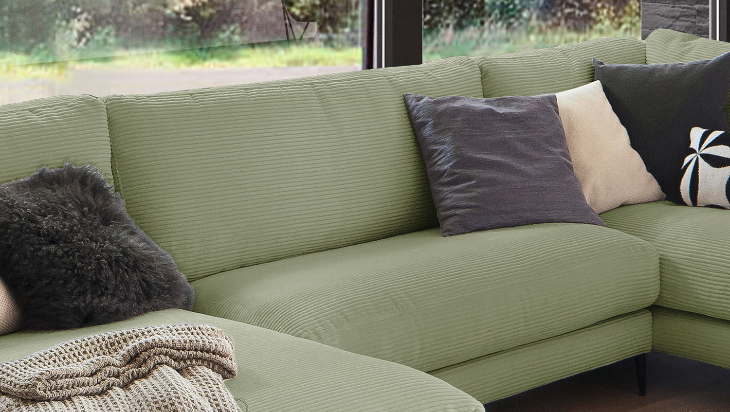 KAWOLA Sofa CARA Wohnlandschaft U-Form Cord olivgrün