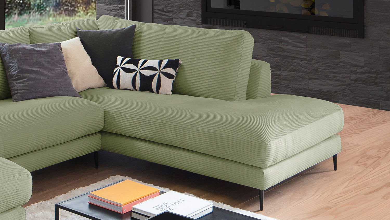 KAWOLA Sofa CARA Wohnlandschaft U-Form Cord olivgrün