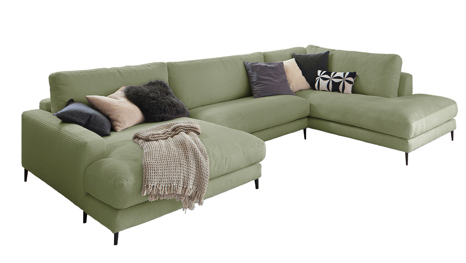 KAWOLA Sofa CARA Wohnlandschaft U-Form Cord olivgrün