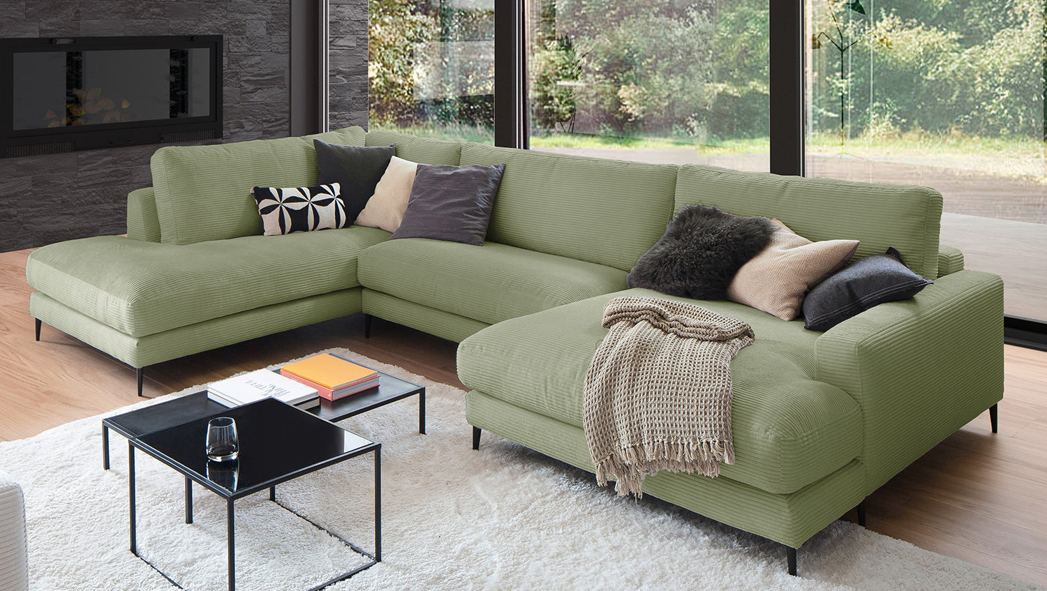KAWOLA Sofa CARA Wohnlandschaft U-Form Cord olivgrün
