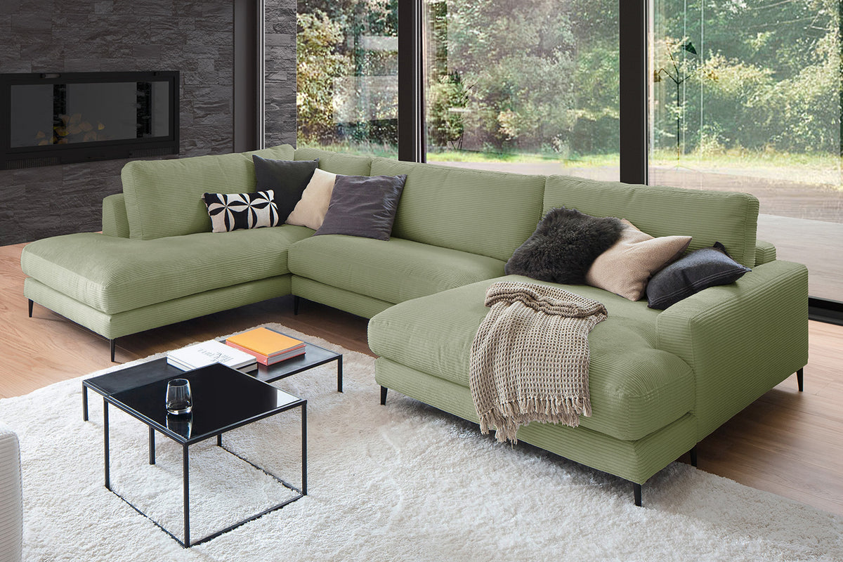KAWOLA Sofa CARA Wohnlandschaft U-Form Cord olivgrün