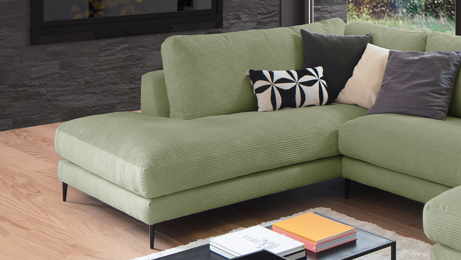 KAWOLA Sofa CARA Wohnlandschaft U-Form Cord olivgrün
