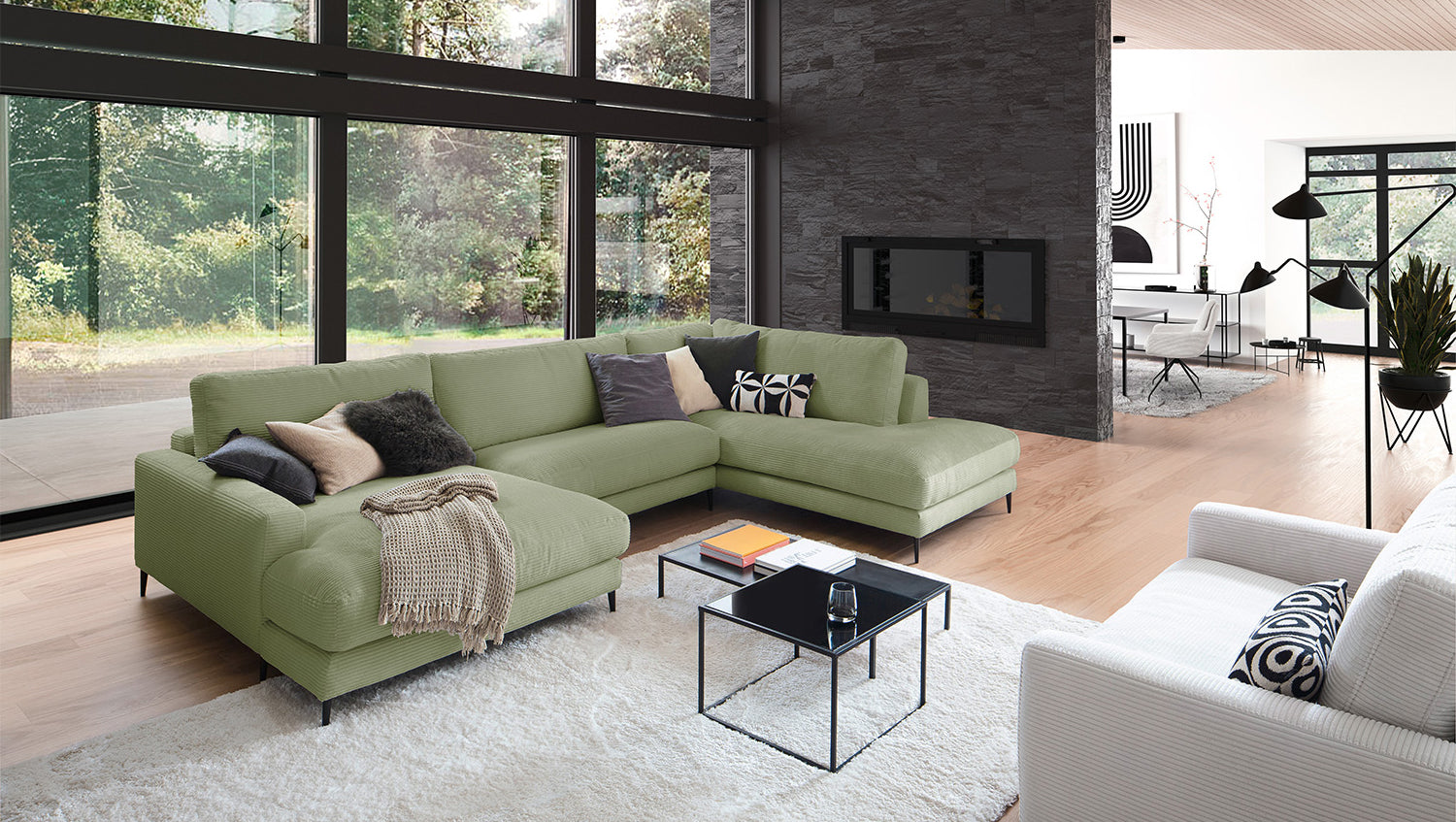 KAWOLA Sofa CARA Wohnlandschaft U-Form Cord olivgrün, Links