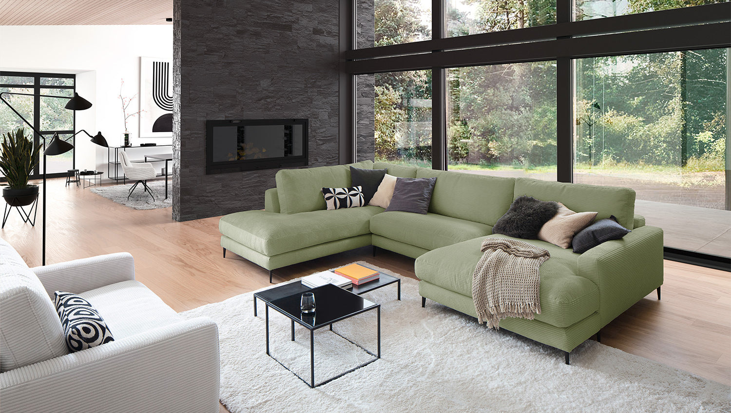 KAWOLA Sofa CARA Wohnlandschaft U-Form Cord olivgrün, Rechts