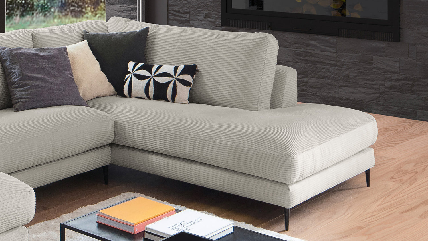 KAWOLA Sofa CARA Wohnlandschaft U-Form Cord steingrau