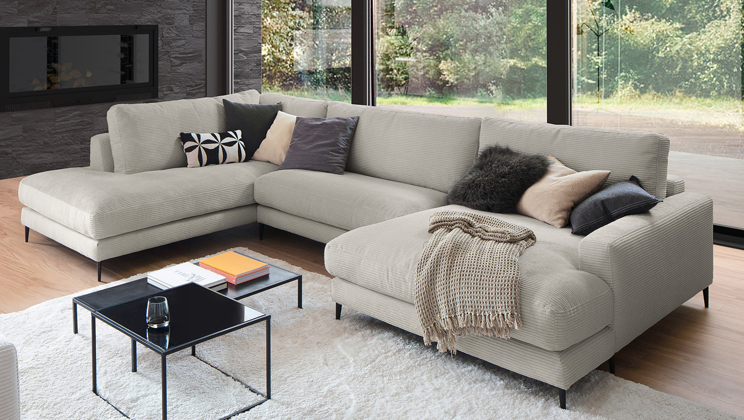 KAWOLA Sofa CARA Wohnlandschaft U-Form Cord steingrau