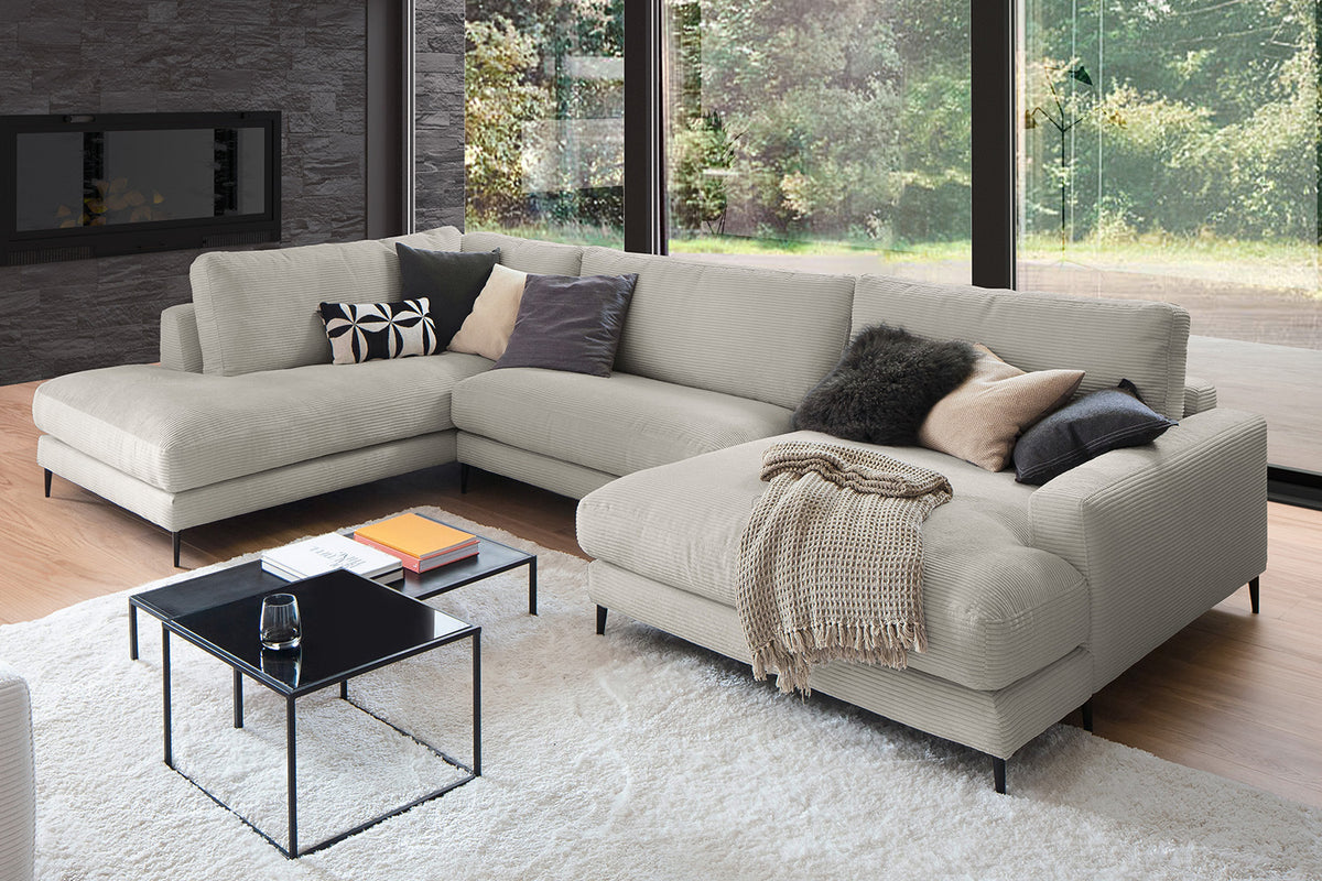 KAWOLA Sofa CARA Wohnlandschaft U-Form Cord steingrau