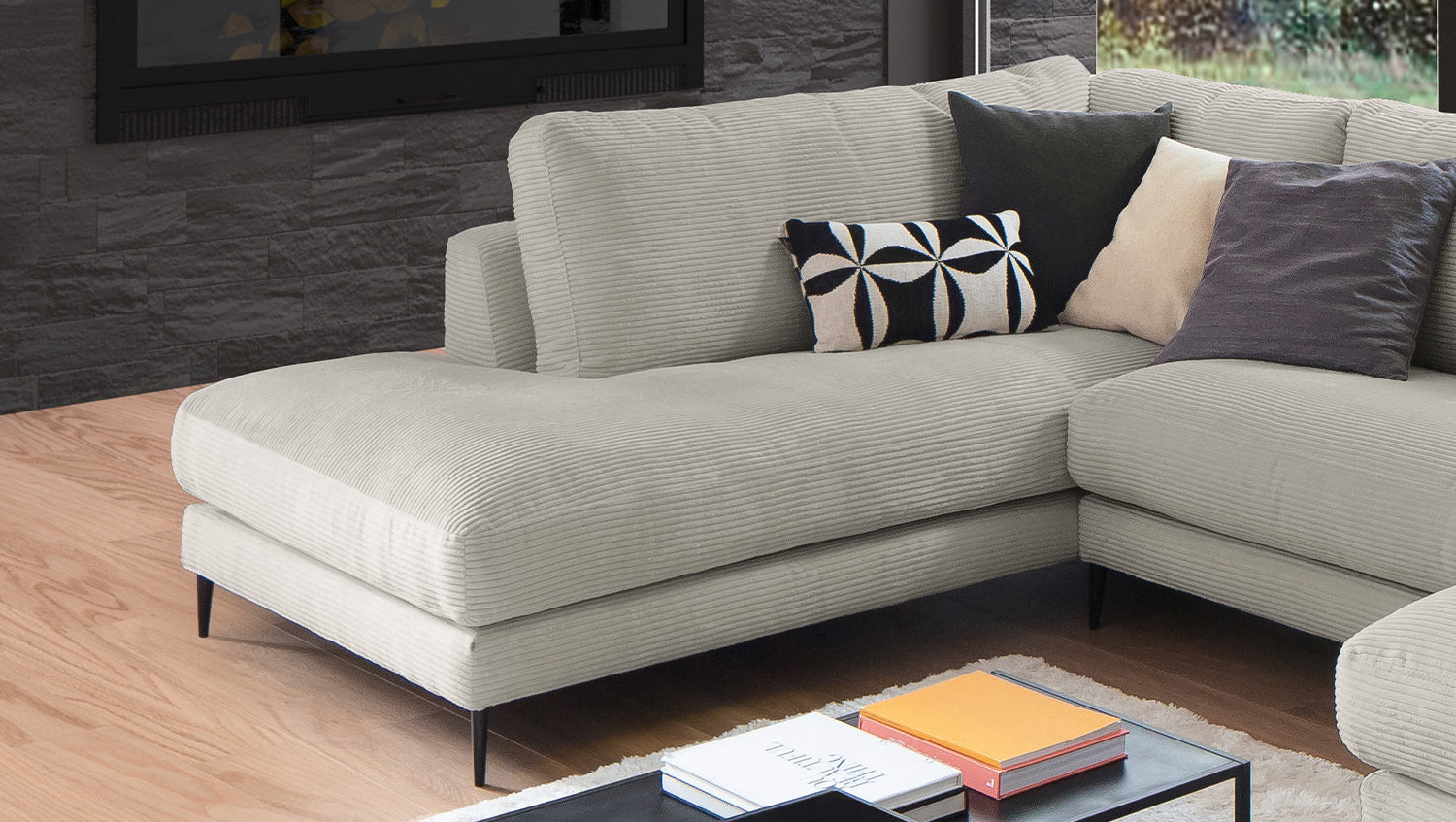 KAWOLA Sofa CARA Wohnlandschaft U-Form Cord steingrau