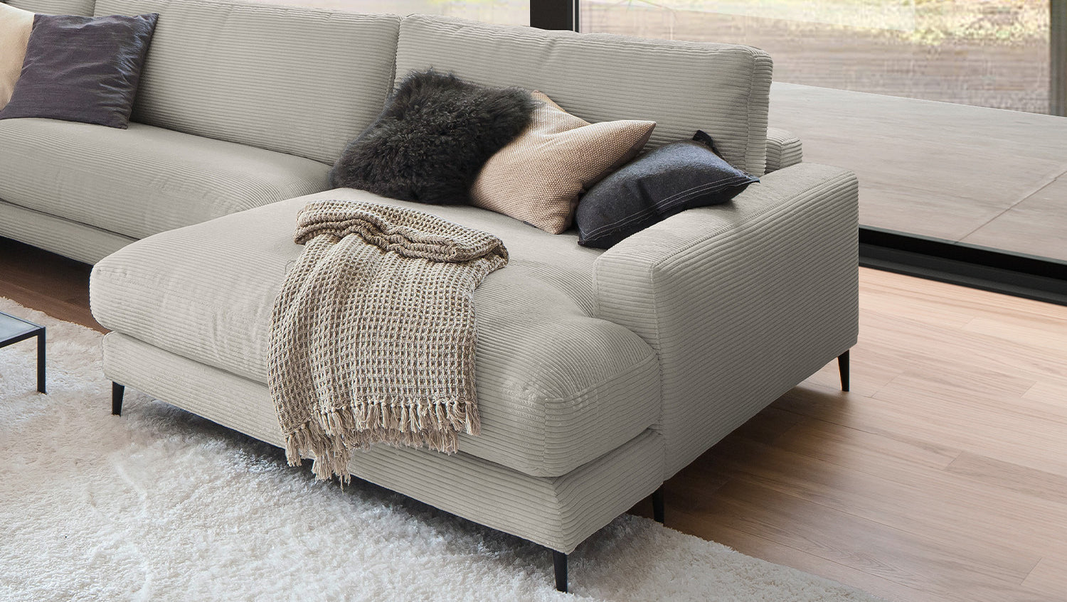 KAWOLA Sofa CARA Wohnlandschaft U-Form Cord steingrau