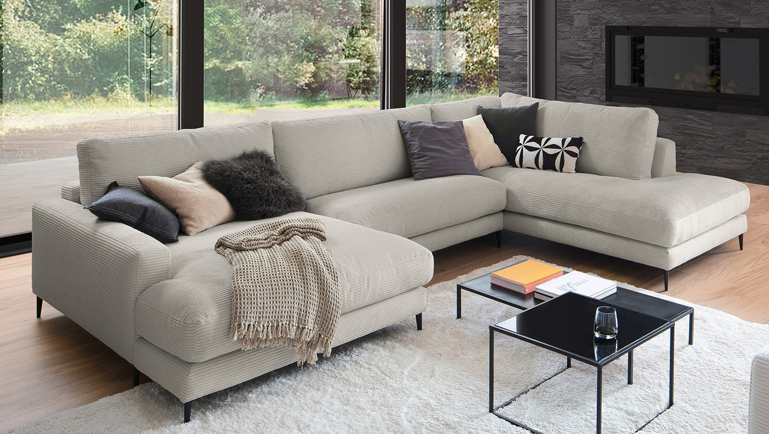 KAWOLA Sofa CARA Wohnlandschaft U-Form Cord steingrau