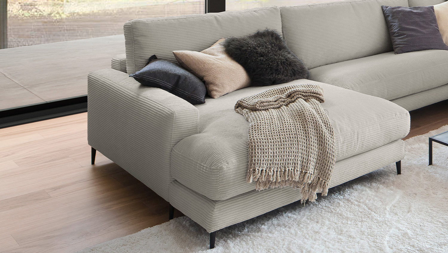 KAWOLA Sofa CARA Wohnlandschaft U-Form Cord steingrau