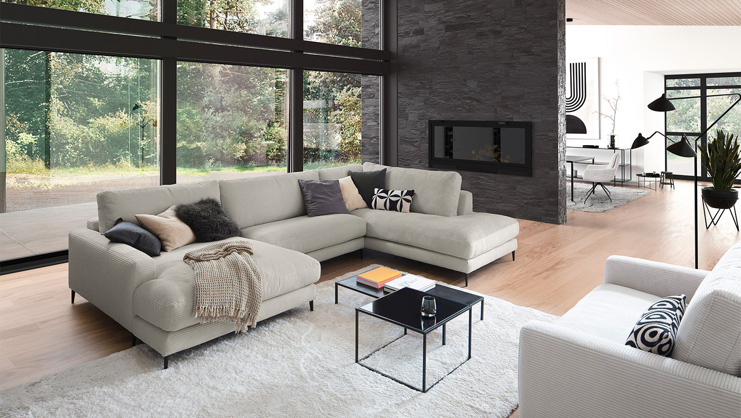 KAWOLA Sofa CARA Wohnlandschaft U-Form Cord steingrau, Links